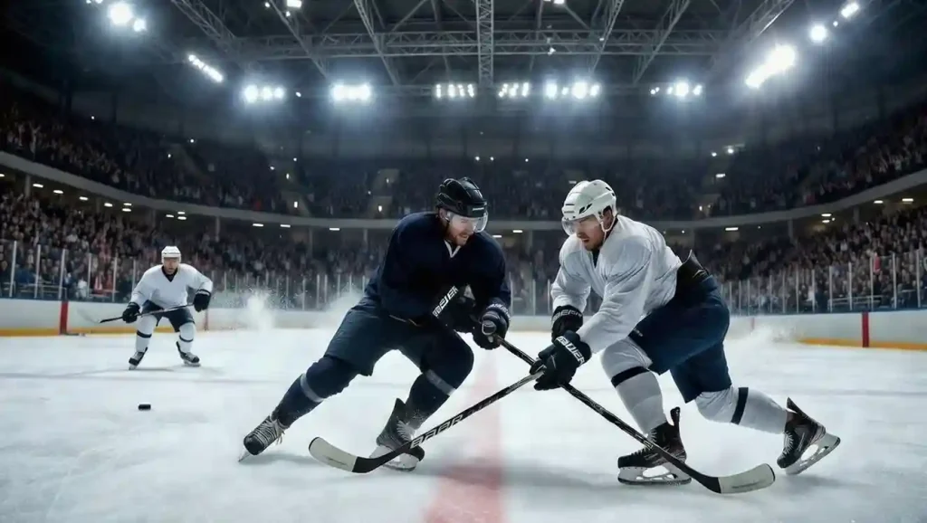 Eishockey-Spieler der Deutschen Eishockey Liga kämpfen vor vollen Zuschauerrängen um den Puck