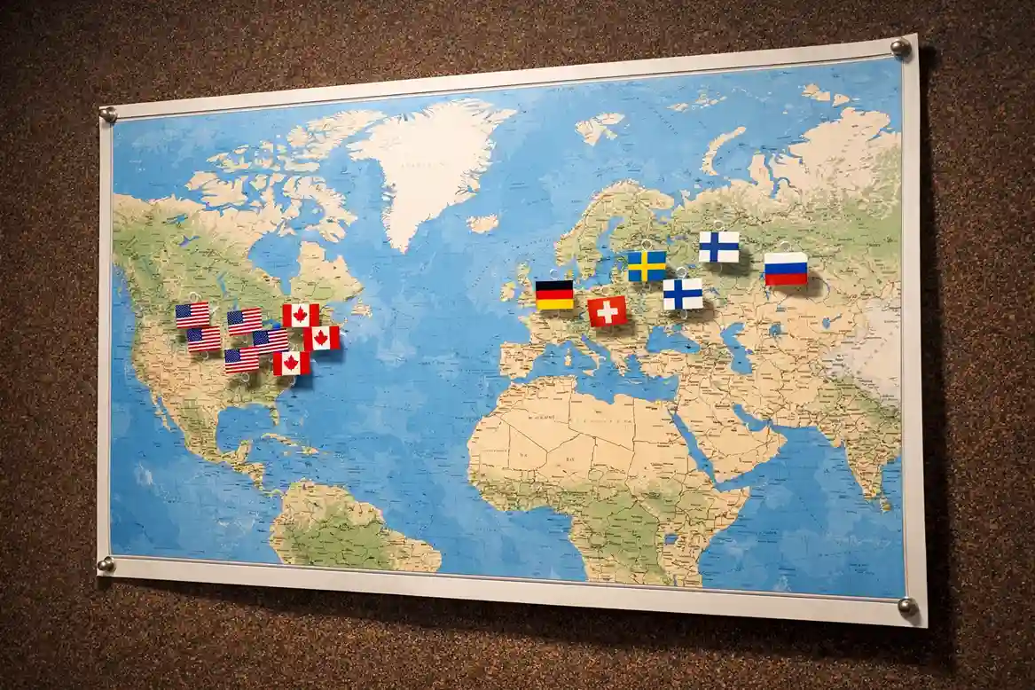 Übersichtskarte der grossen Eishockeyligen weltweit mit Länderflaggen