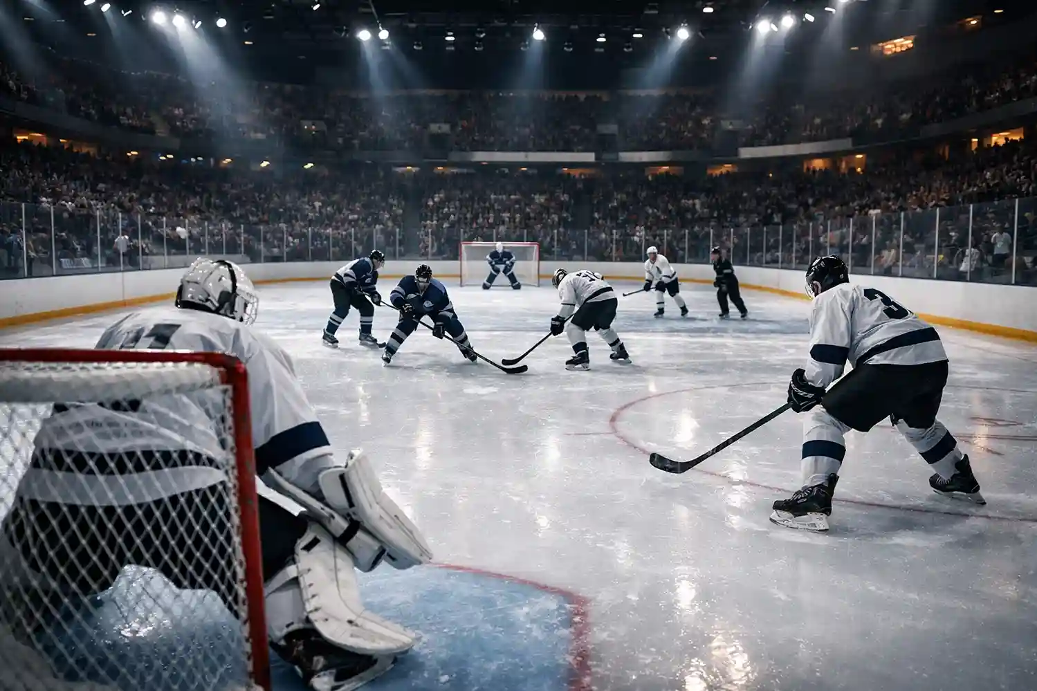 Eishockey-Arena während eines Livespiels mit Zuschauern und Eisfeld