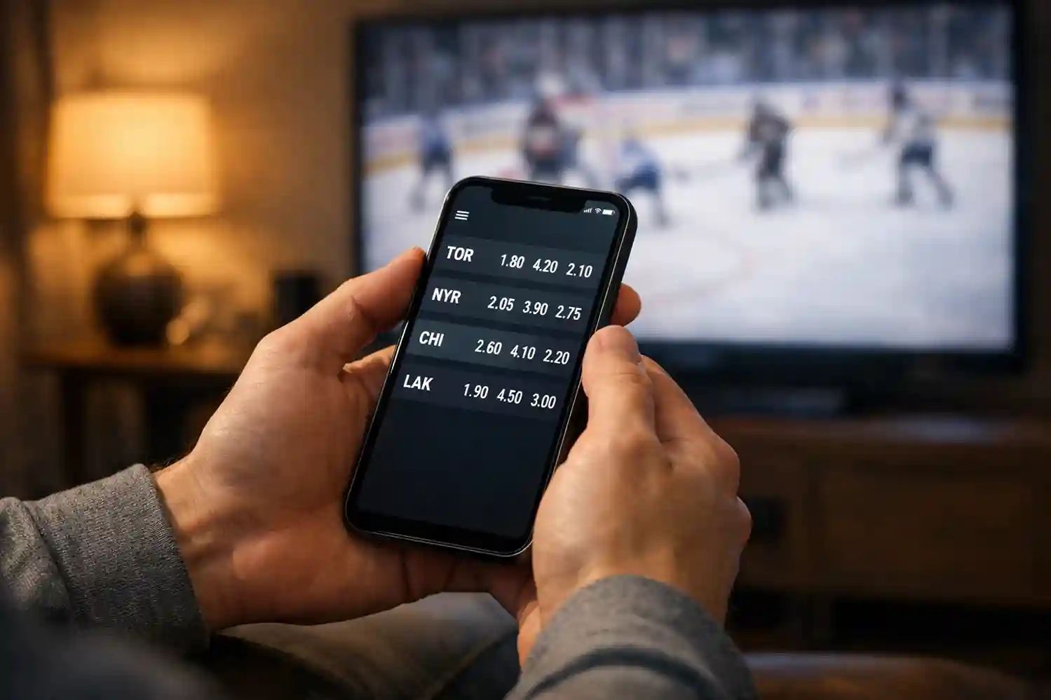 Person beobachtet Eishockey-Livequoten auf einem Smartphone