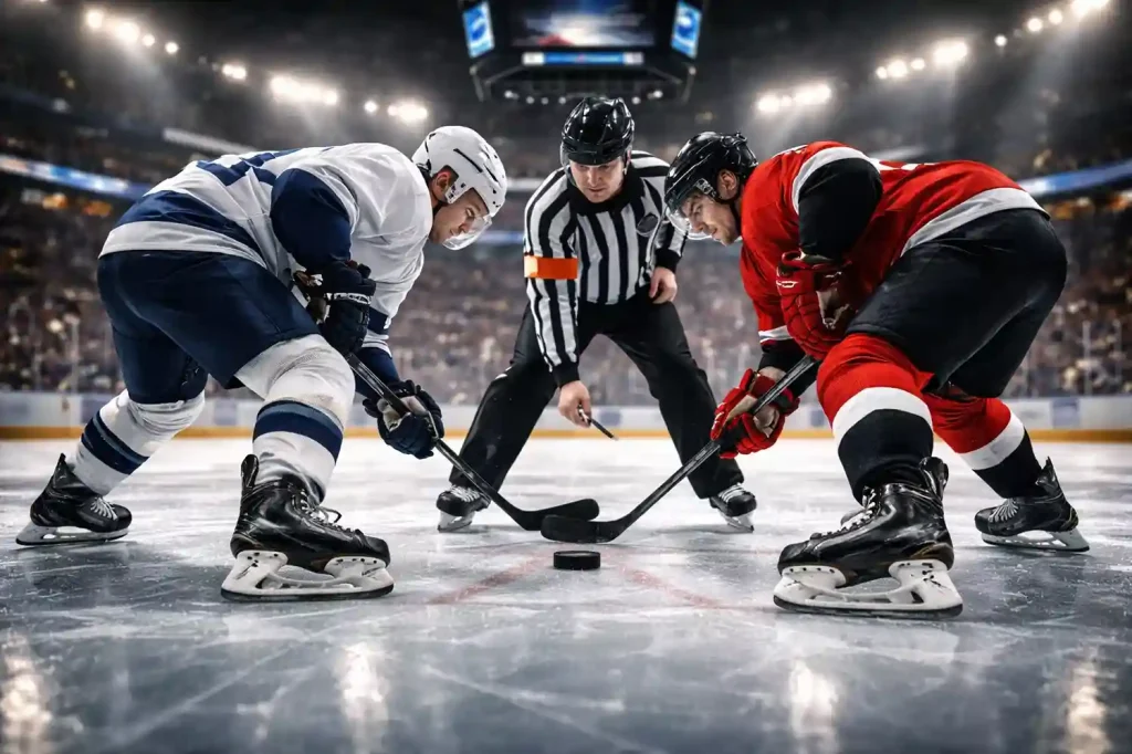 Eishockey-Spieler auf dem Eis bei einem Gesichtspunkt-Bully unter Flutlicht
