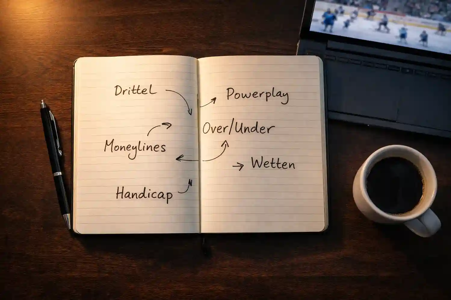 Notizbuch mit handgeschriebener Wettstrategie neben einer Eishockey-Übertragung