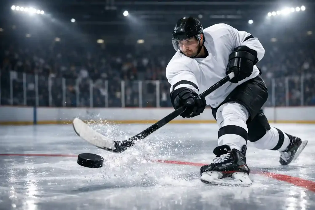 Eishockey-Spieler beim Schlagschuss auf das Tor in einer beleuchteten Eishalle