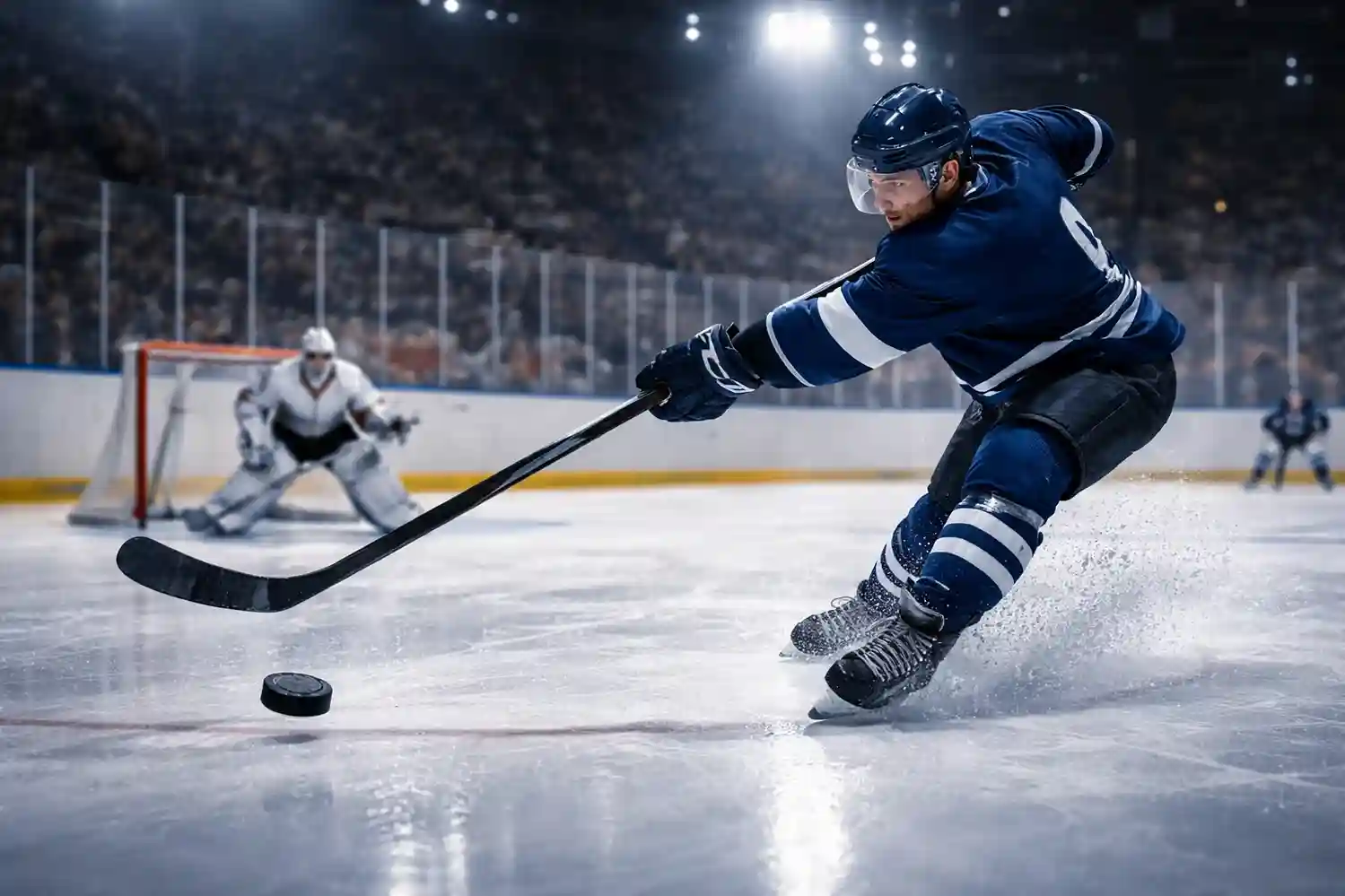 Eishockeyspieler schiesst auf das Tor während eines intensiven Spiels