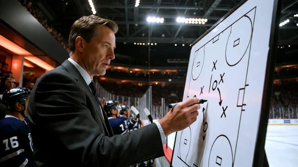 Eishockey-Trainer analysiert Spielzüge auf einem Taktikboard neben der Eisfläche