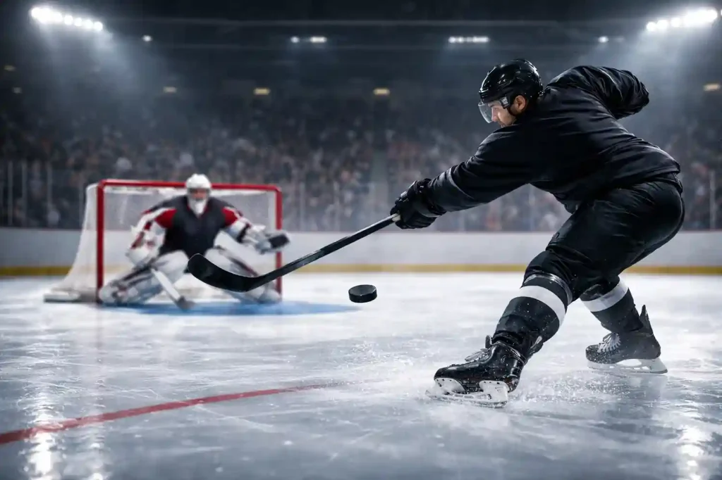 NHL-Eishockeyspieler in Aktion beim Schuss auf das Tor in einer vollen Arena